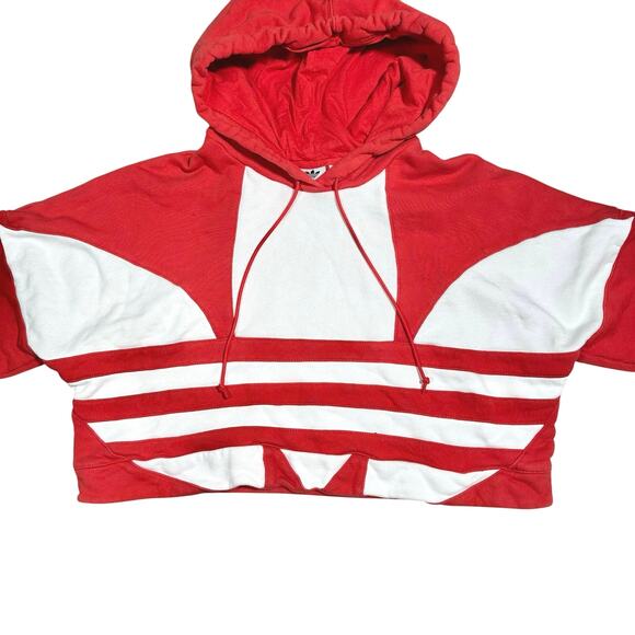 adidas | Women | Red White Big Trefoil Cropped Sporty Hooded Sweatshirt | Small - Picture 9 of 15